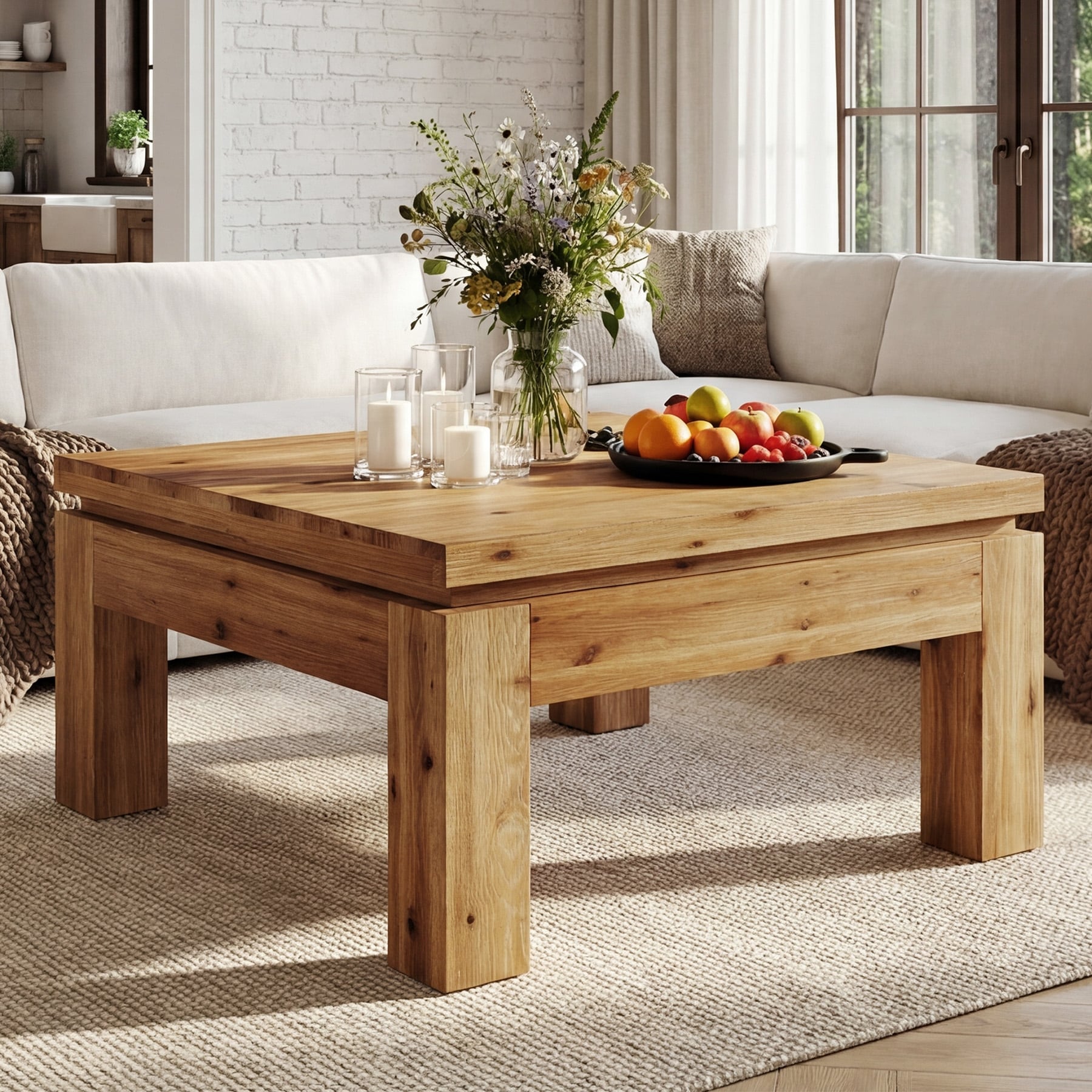 31.5" Square Coffee Table, Farmhouse Solid Wood Coffee Table
