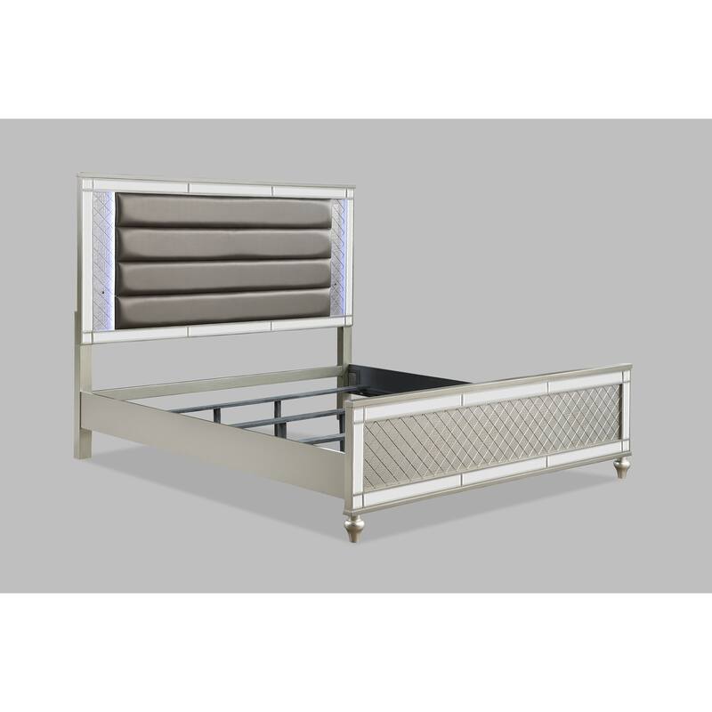 Madie Champagne LED Faux Leather Upholstered Panel Bed