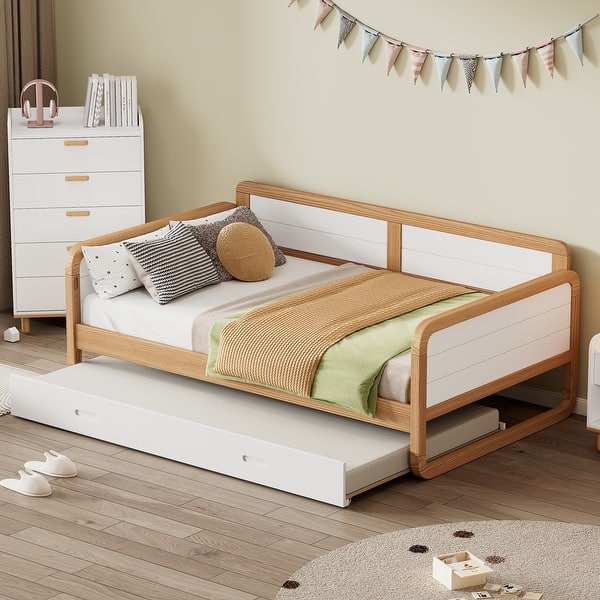 slide 2 of 8, U-shape Daybed Twin Size Bed Solid Wood Frame Sofa Bed with Trundle Bed and Curved Guardrail for Adults, No Need Box Spring White - Trundle - Twin