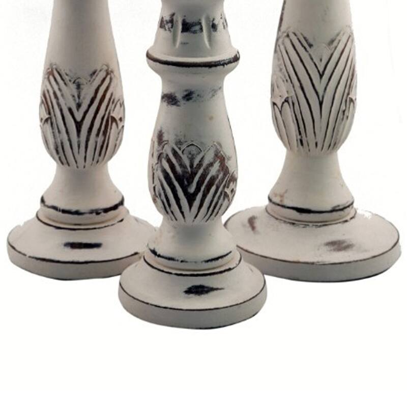 Taki Distressed Mango Wood Pillar Shaped Candle holder, Set of 3, White