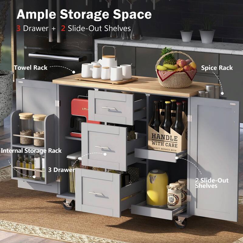 Rolling Kitchen Island with Rubber Wood Top, Drawers, Shelves, Internal Storage, Wheels, Spice & Towel Racks