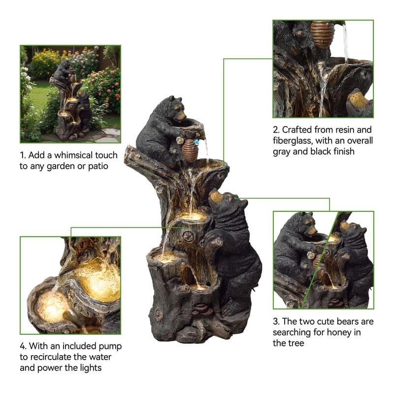 Vbal Resin Bears and Honeycomb 4-Tier water extraction Outdoor Fountain with LED Light