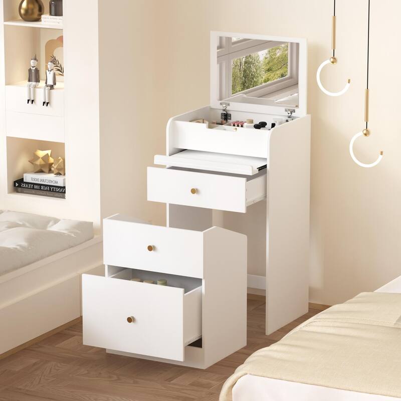 Anmytek Multifunctional Storage Unit White Vanity Desk with Mirror,Chair, Drawers for Small Spaces - White