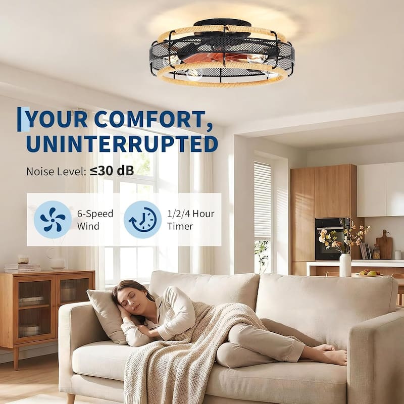 Industrial Style Boho Ceiling Flush Mount Fan Light with Remote Control for Bedroom, Kitchen