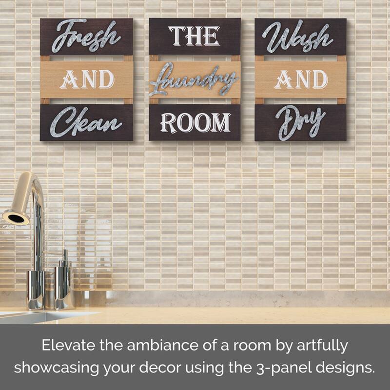 Elements Tri-Panel Wood and Metal 3-Piece Laundry Room Wall Decor Set