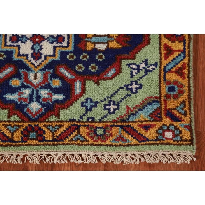 Light Green Kazak Indian Runner Rug Hand-Knotted Wool Carpet - 2'7" x 9'8"