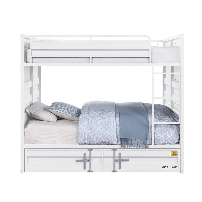 Industrial Style Full Size Bunk Bed with Recessed Panel Design, White