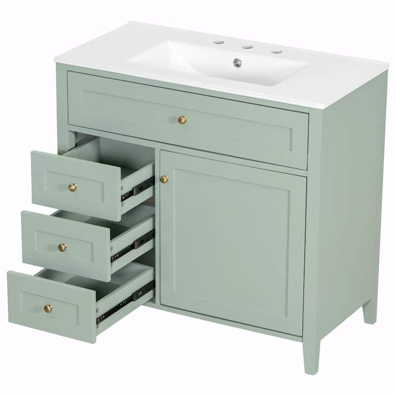 Bathroom Vanity with Sink, Modern MDF and Rubberwood Cabinet with 3 Drawers and Adjustable Shelf