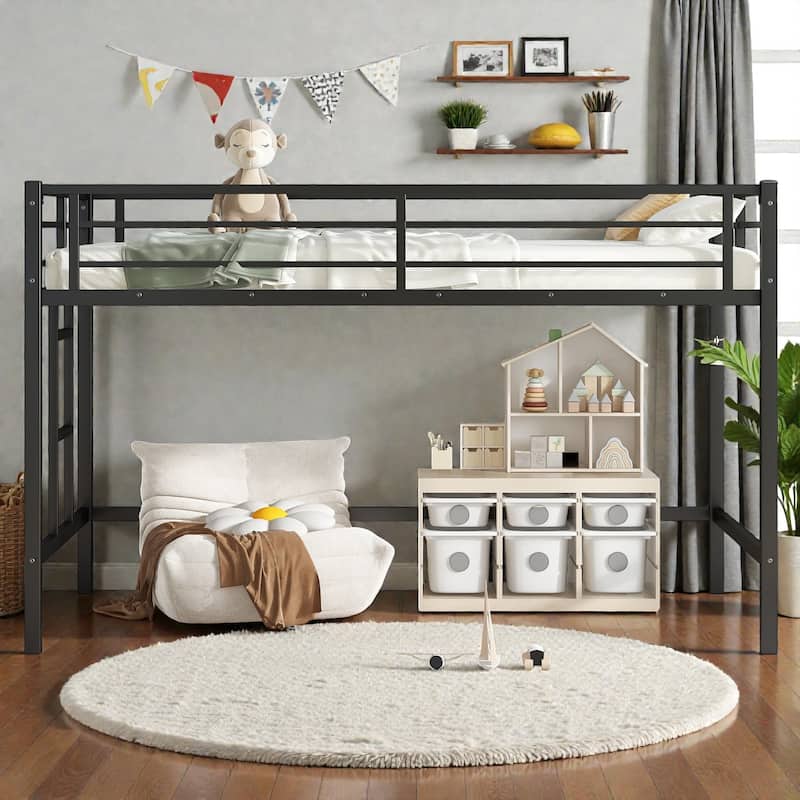 Twin Metal Loft Bed with Ladder and Guardrails, Space Saving Loft Bed Frame for Kids and Teens
