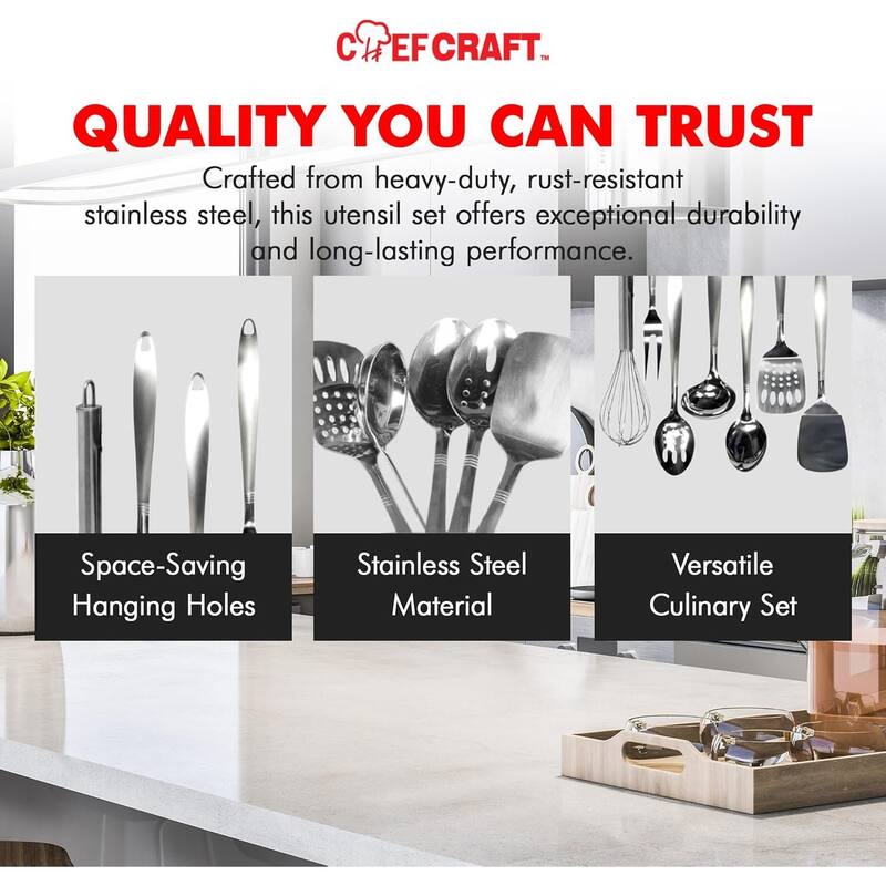 Chef Craft 6pc Stainless Steel Kitchen Cooking Tool Set - Solid Turner, Slotted Turner, Basting Spoon, Slotted Spoon,...