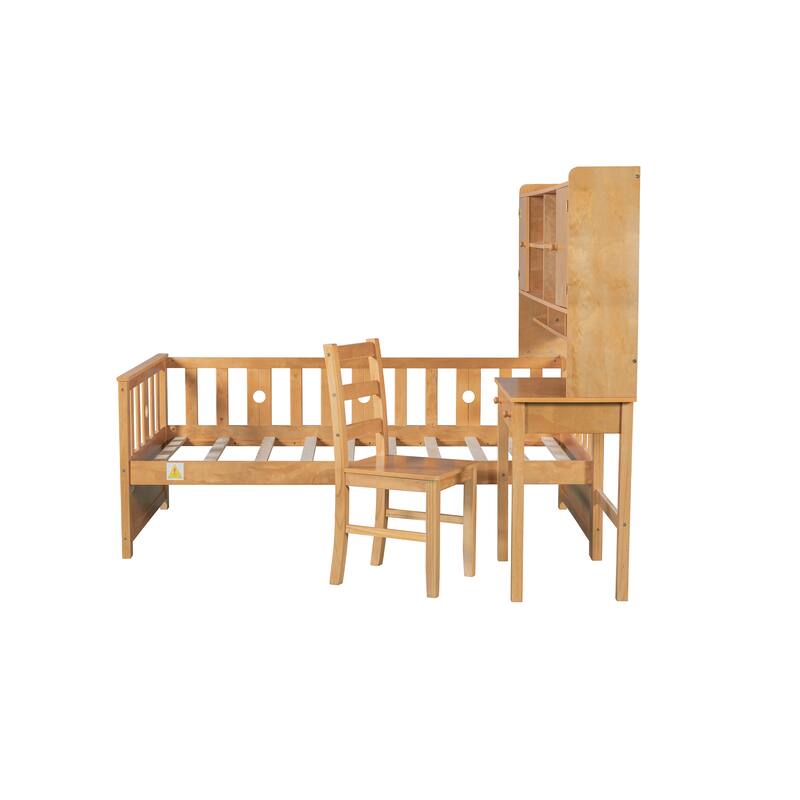 Twin Size Multifunctional Wood Platform Bed with Bookshelf,Built-in Desk and Matching Chair