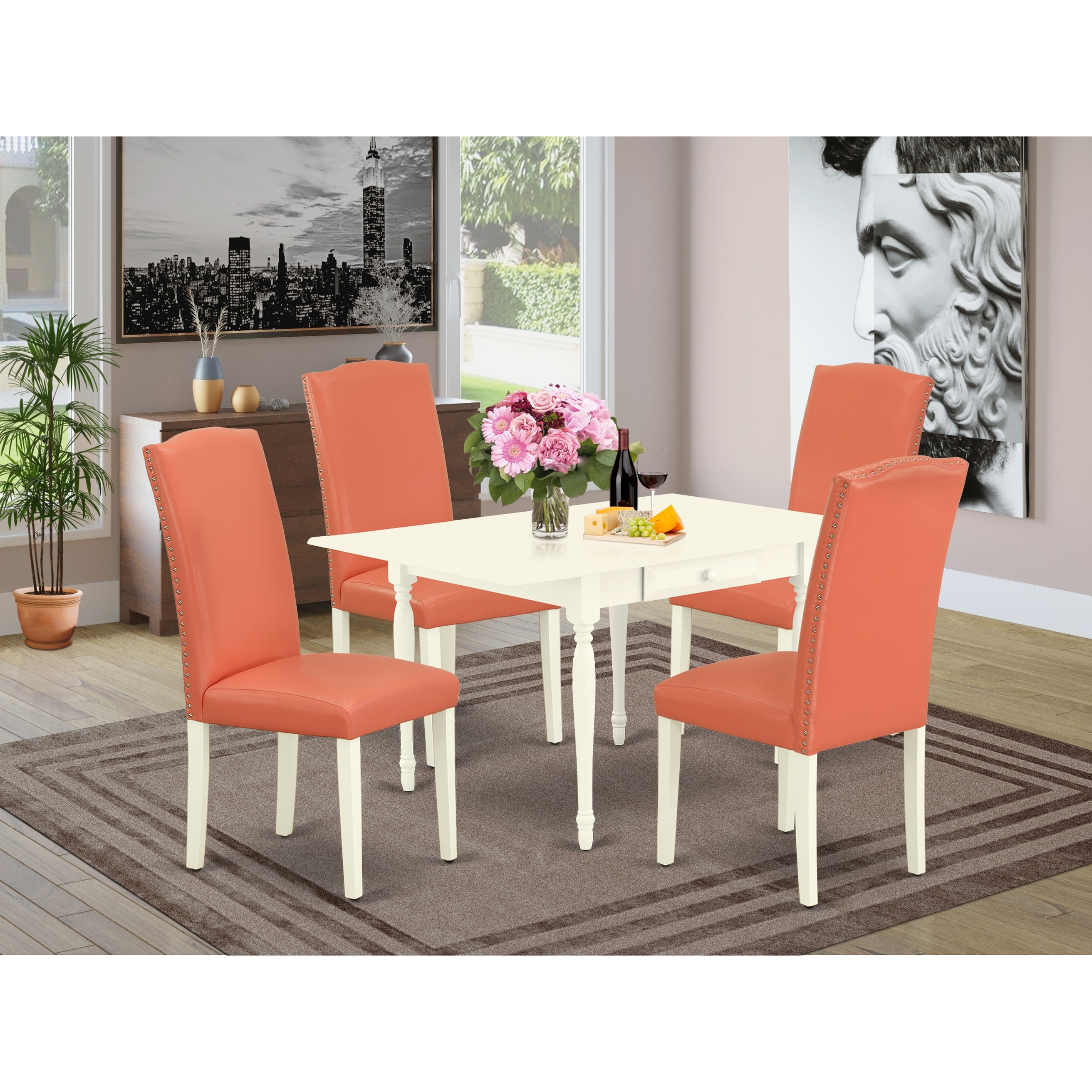 Dining Room Table And Pink Flamingo Pu Leather Chairs Linen White Finish Pieces Option Overstock 32448382
