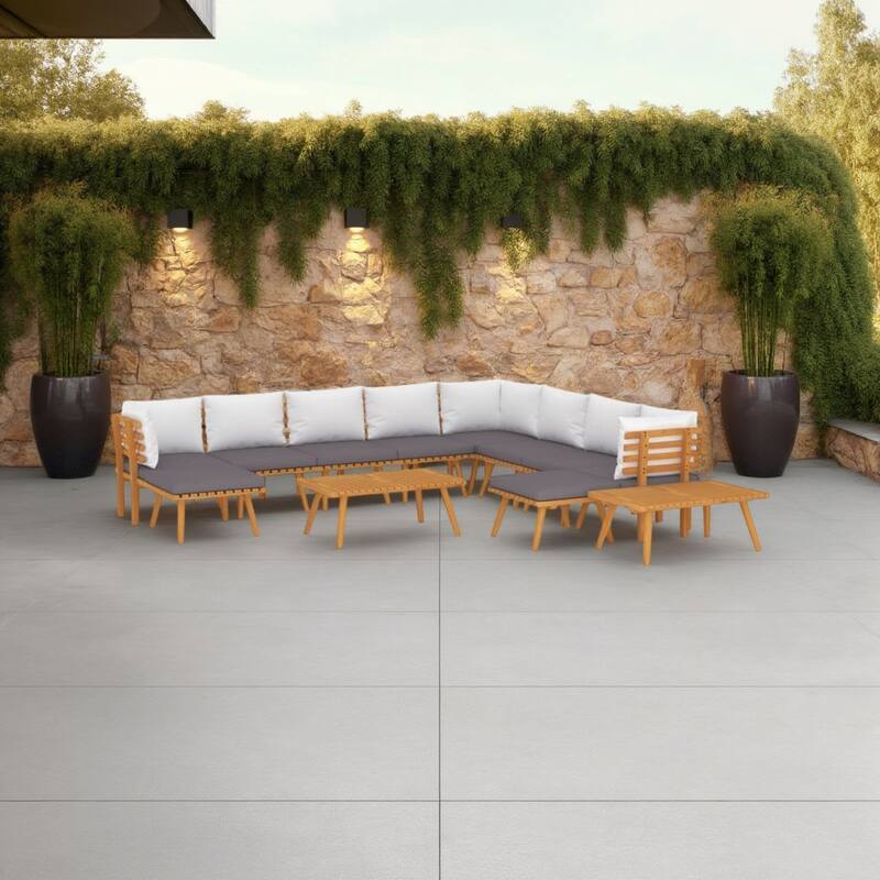 Roma 12pc Set Outdoor Modular Sofa, 2 Tables Acacia Wood, Gray, White
