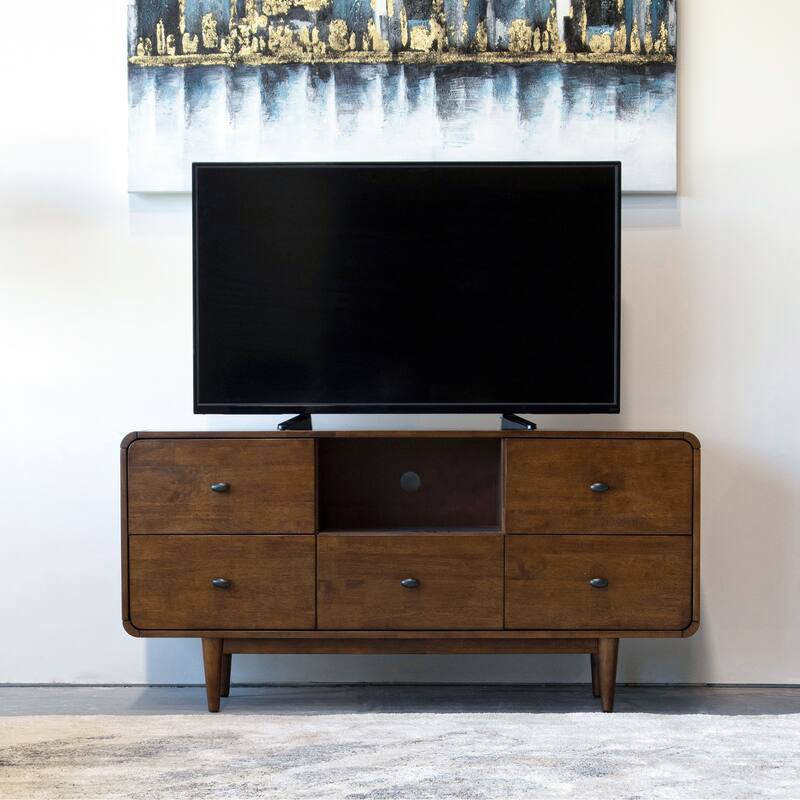 Seamore Mid Century Modern High Profile Solid Wood Universal TV Media Stand, Entertainment Unit up to 60 inch Wide