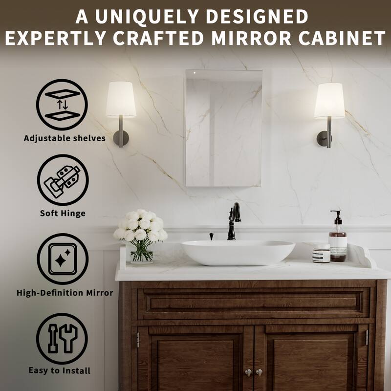 Modland Single Door Bathroom Medicine Cabinet with Mirror Adjustable Shelves,Recessed or Surface Mount