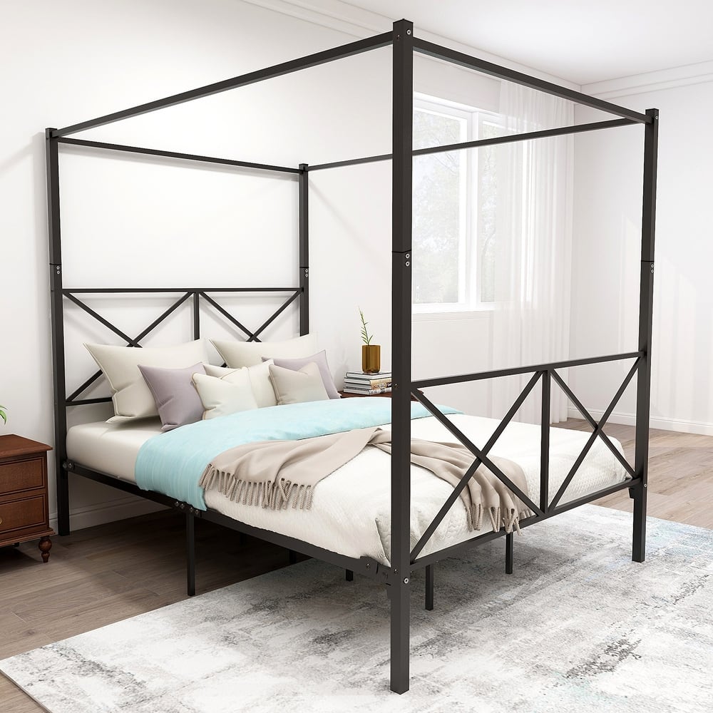 Full/Queen Size Metal/Wood Vintage style Canopy Bed Frame Platform Bed Frame