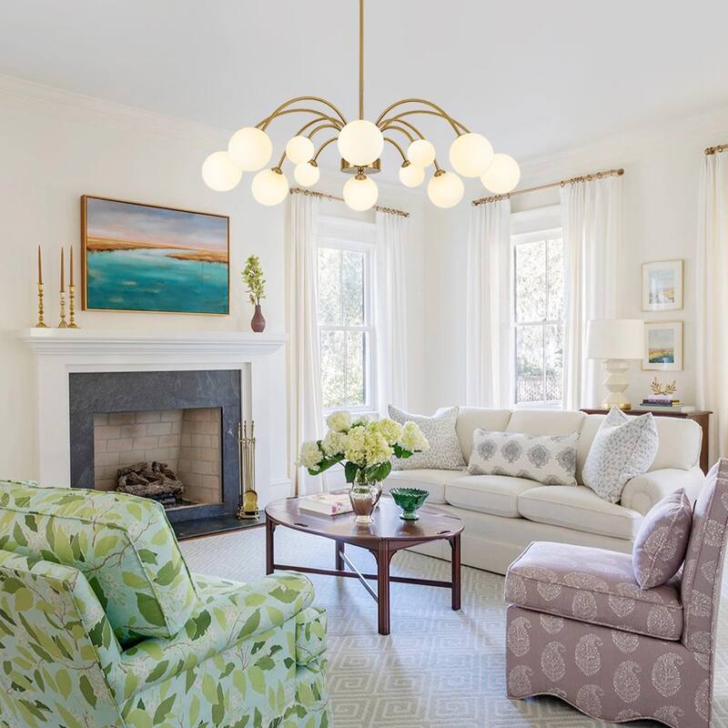 12-Light Opal Glass Globe Cascaded Round Sputnik Chandelier 37in