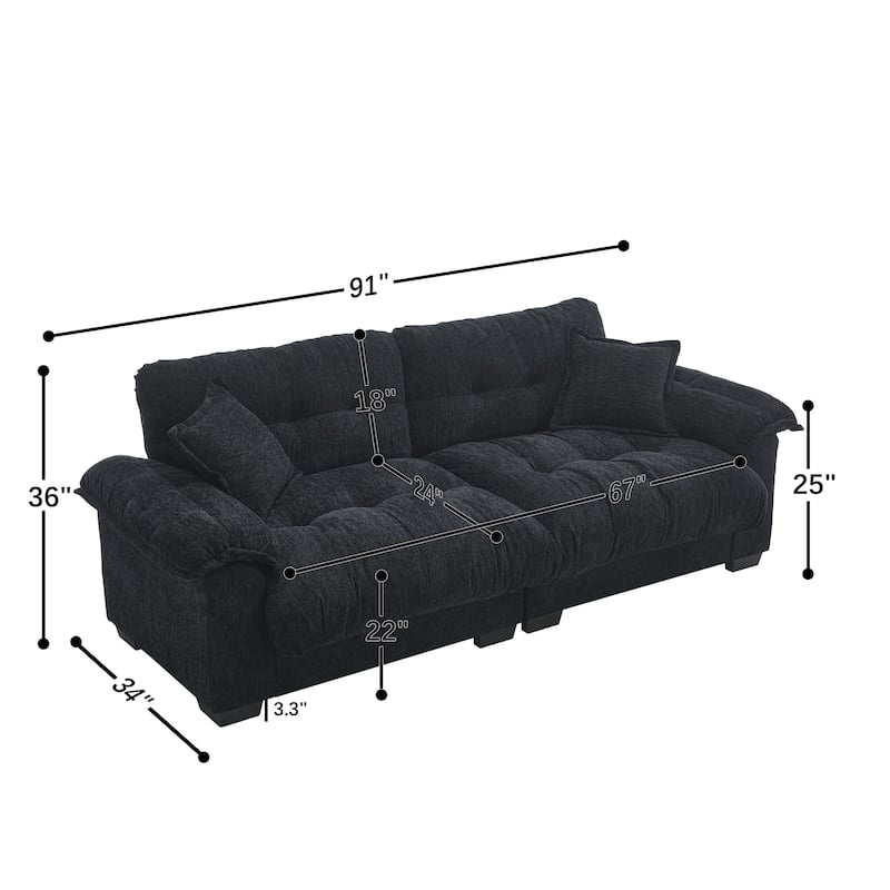 91" Modern Chenille Sofa Tufted Upholstered Couch with Two Throw Pillows for Living Room, Office, Living Room