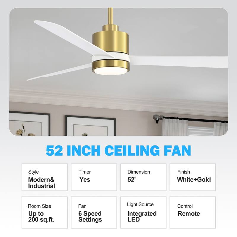 52-In LED Black/White/Gold Ceiling Fan with Light and Remote Control