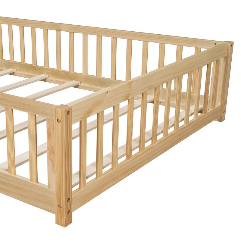 Floor Bed with Fence,Door and Safety Guardrails,Perfect for Kids' Play,Sleep and Development
