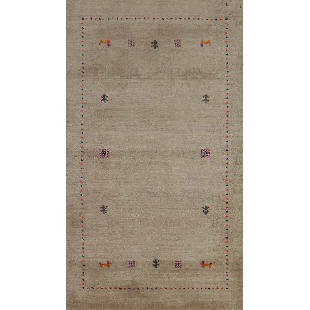 Hand Knotted Oriental 100% Wool Carpet Tribal Animal Pictorial Beige & Ivories Gabbeh Area Rug - 4' 10'' X 2' 9''