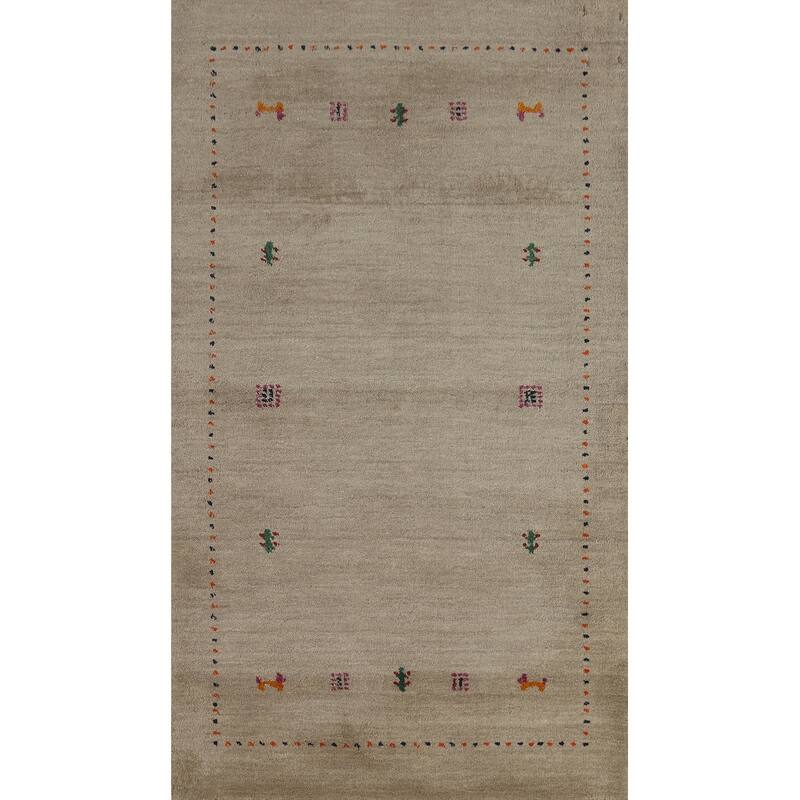 Hand Knotted Oriental 100% Wool Carpet Tribal Animal Pictorial Beige & Ivories Gabbeh Area Rug - 4' 10'' X 2' 9''