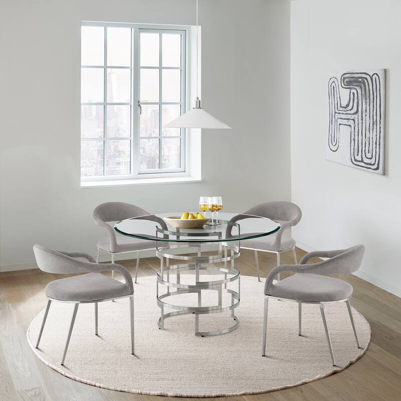 Diaz Morgan 5 Piece Round Glass Dining Table Set with Metal Frame and Upholstered Chairs - Light Gray/Stainless Steel