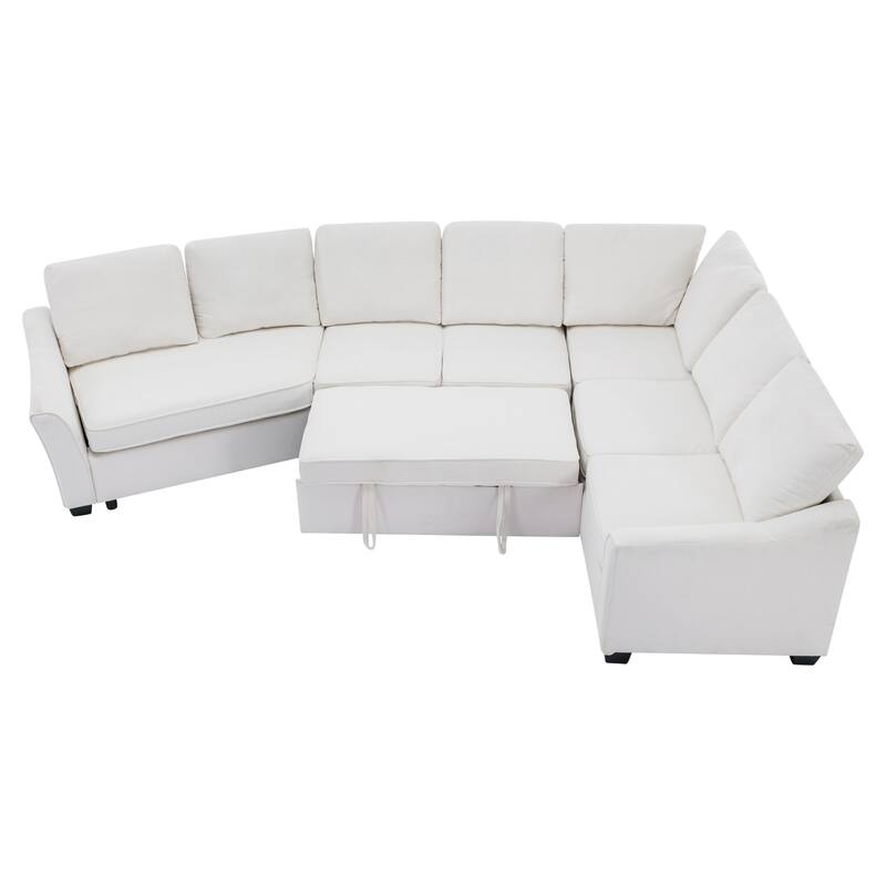 129.5" Sectional Sleeper Sofa with Pull-Out Bed Modern L-Shape Couch Bed