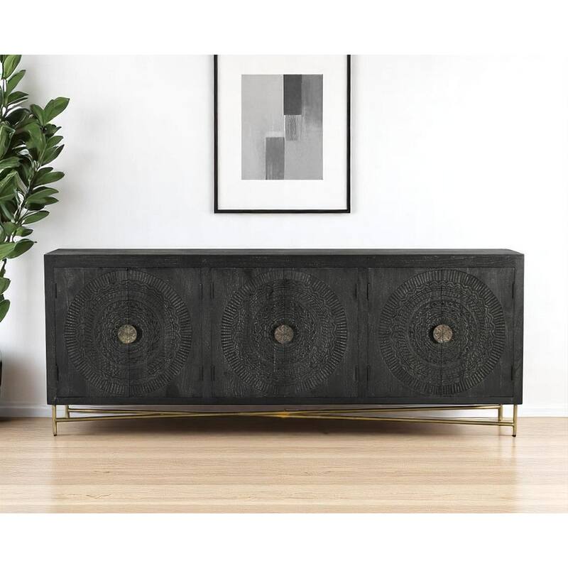 HomeRoots 95" Black Distressed Solid Wood Carved Geometric Sideboard with Six Doors - 95.00 in. x 37.00 in. x 15.50 in. - 95.00 in. x 37.00 in.  x 15.50 in.