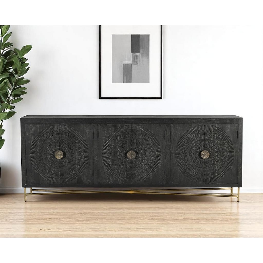 HomeRoots 95" Black Distressed Solid Wood Carved Geometric Sideboard with Six Doors - 95.00 in. x 37.00 in. x 15.50 in.