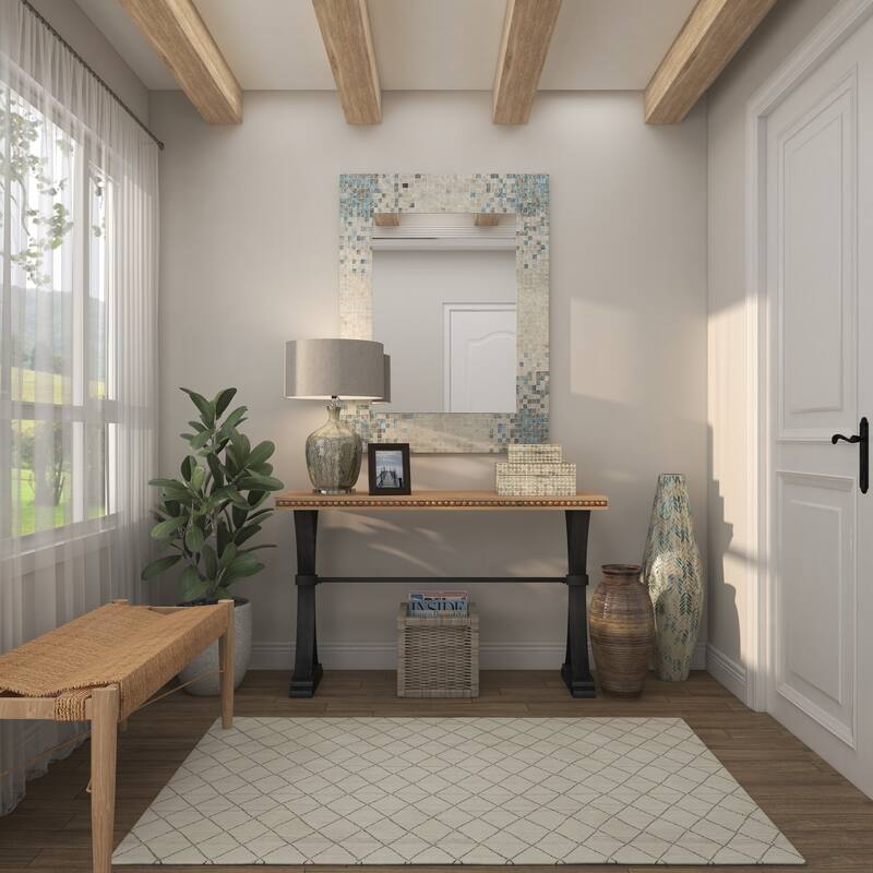 Cream Mother of Pearl Shell Handmade Mosaic Room Wall Mirror with Blue Corners