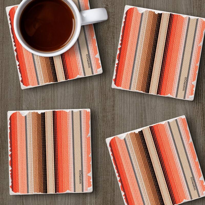 Southwest Orange Stripe 4-Pack Absorbent Stone Coasters with Cork Backing 4" Square Made in The USA Easily Wipes Clean