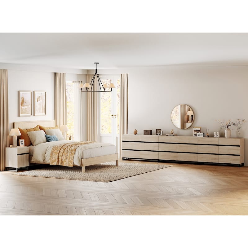 3-Piece Dresser And Nightstand Set,Dresser With 18 Drawers, 2 Nightstand for Bedroom, Bedroom Furniture Set - Beige - Full