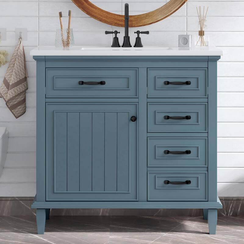 Roomfitters 36" Bathroom Vanity with Sink, Solid Wood Frame, 2 Flip Drawers & Soft-Close Cabinet with Door Rack - Blue Gray