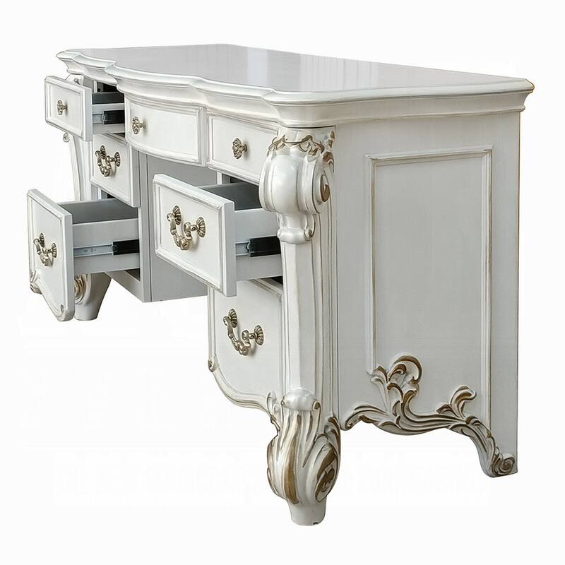 Antoine Vanity Desk, 7 Drawers, Antique Silver Wood, Gold, 65 Inch