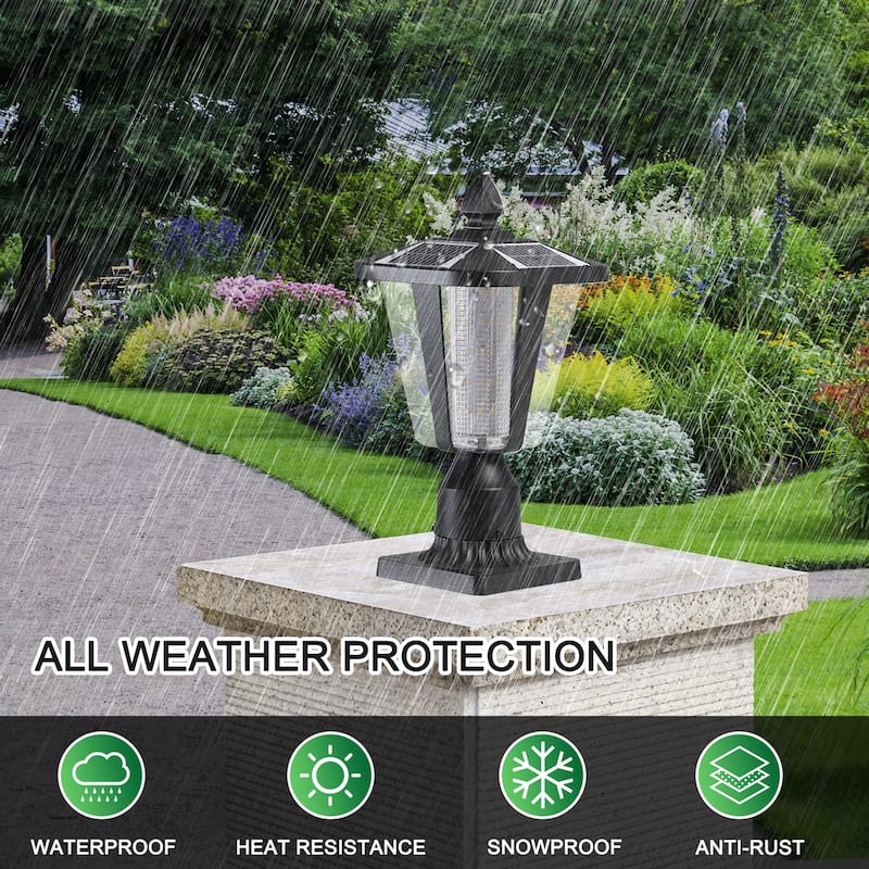 1-Light Black Aluminium Solar Outdoor Post Light Set Column Headlights with Dimmable LED