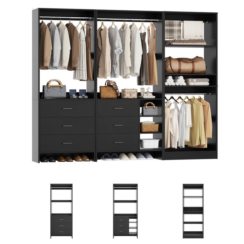 Cimly Set of 3 Closet System with 6 Drawers, 104'' Wide Freestanding Closet Organizer