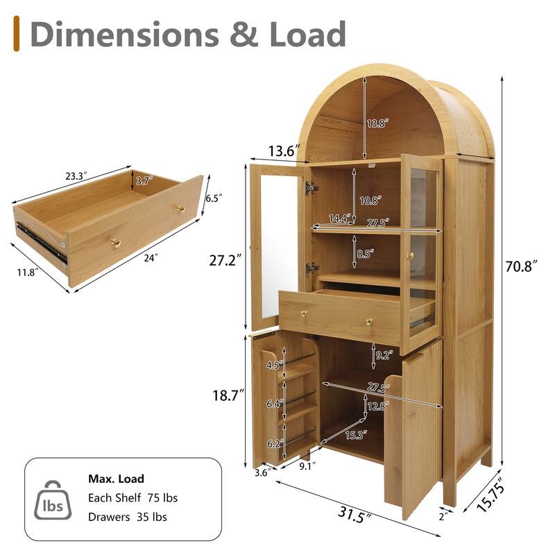 71" Tall Fluted Arched Pantry Cabinet with Glass Doors and Adjustable Shelves for Elegant Kitchen Storage