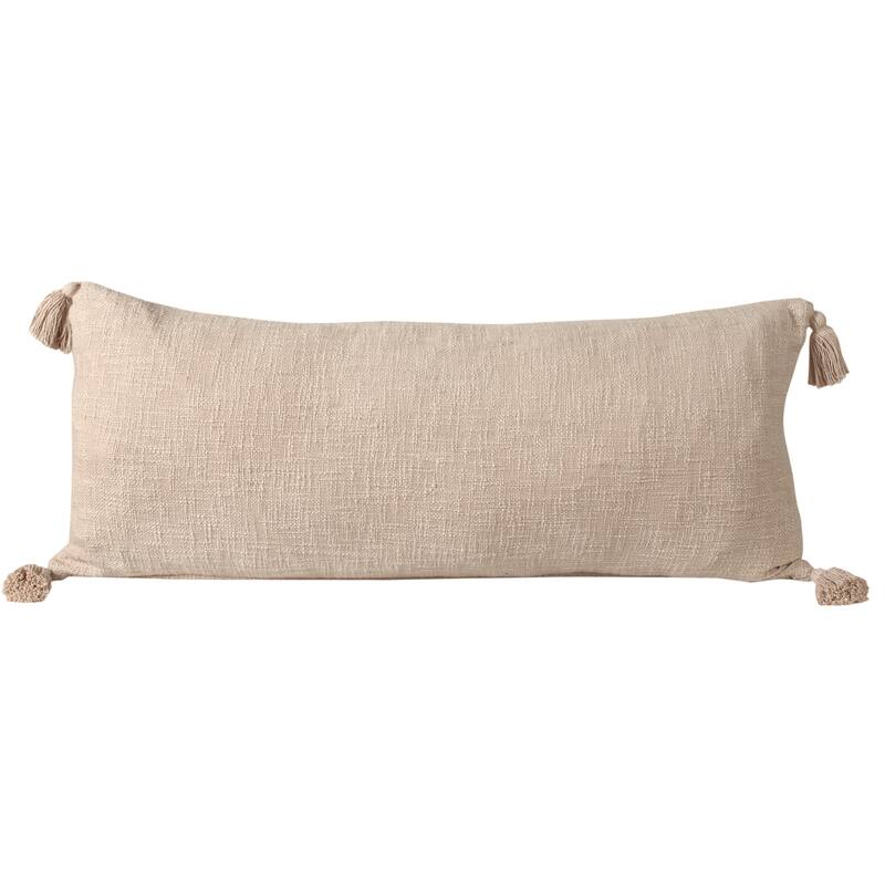 Sevita Solid Cotton Throw Pillow with Tassels - 14" x 36" - Polyester - Beige