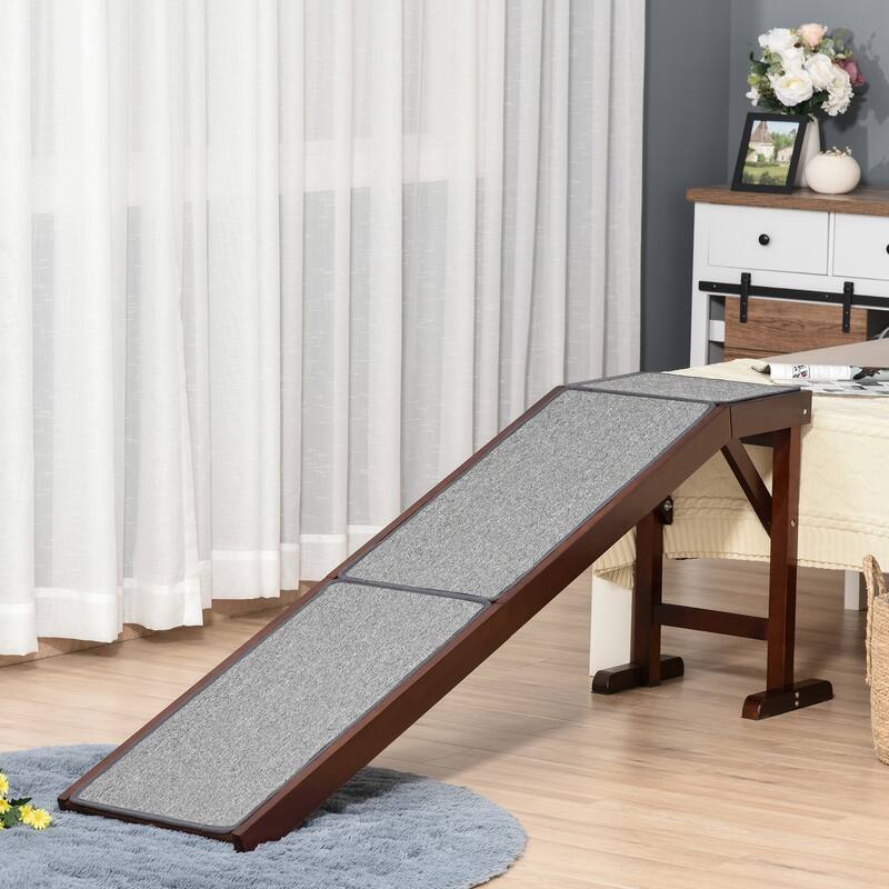 PawHut Pet Ramp for Dogs Non-slip Carpet Top Platform Pine Wood 69.75"L x 16"W x 25"H, Brown Grey