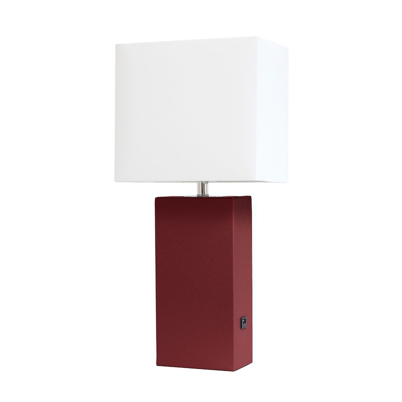Modern Leather Table Lamp with USB and White Fabric Shade - Without Bulb - Red