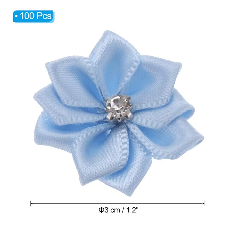 100Pcs Small Ribbon Flowers Satin Ribbon Flowers Mini Fabric Flower - 3cm - Light Blue