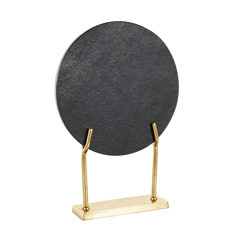 Black Marble Textured Disk Abstract Sculpture with Silver or Gold Stand