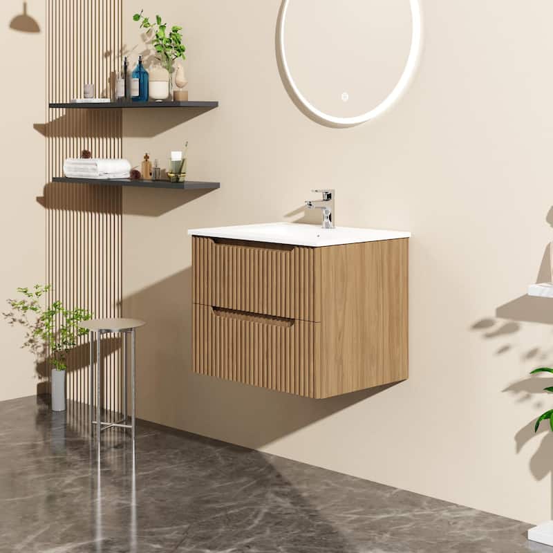 24" Wall-Mount Bathroom Vanity Cabinet with White Basin Sink Combo Floating, Walnut