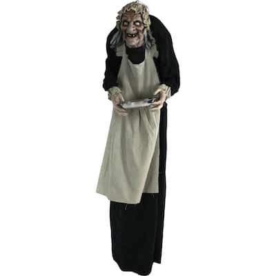 Haunted Hill Farm Life-Size Animatronic Zombie Maid, Indoor/Outdoor Halloween Decoration, Flashing Red Eyes, Battery, Moving