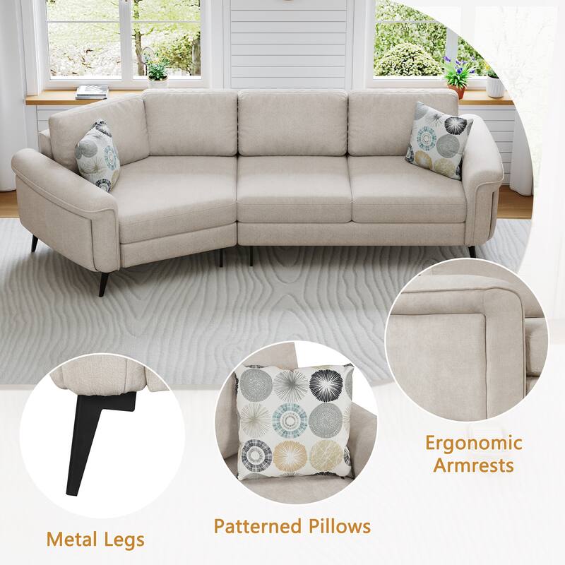 111" Chenille Curved 3-Seater Sofa with Removable Patterned Pillows