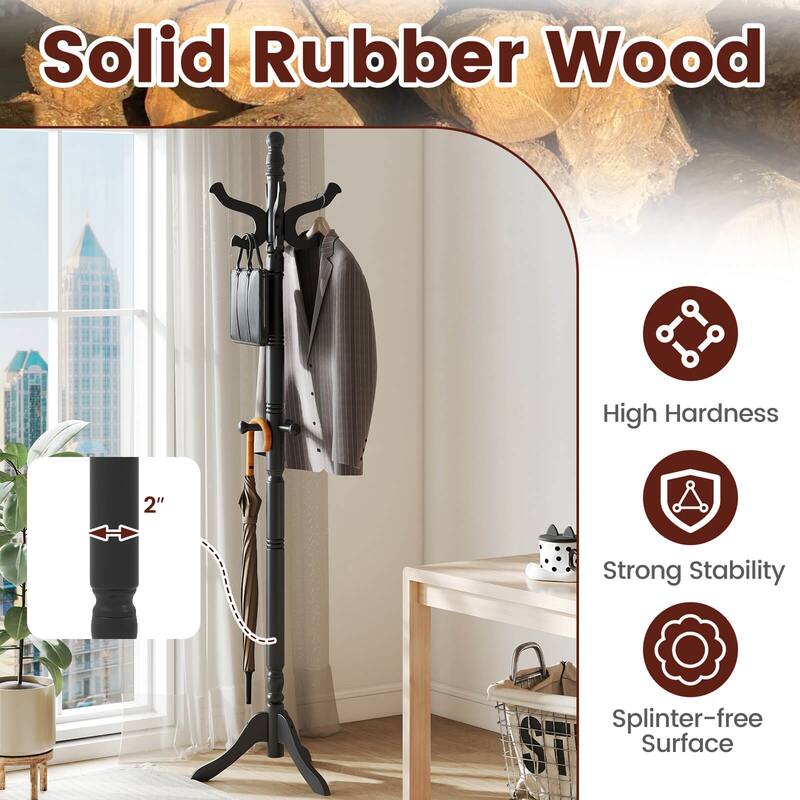 Costway Solid Rubber Wood Coat Rack with 3 Adjustable Heights and 11 - See Details