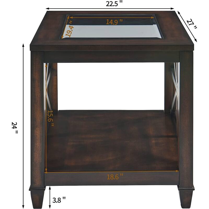2-Tier 45.5" X 26" Solid Wood Coffee Table Tempered Glass Top