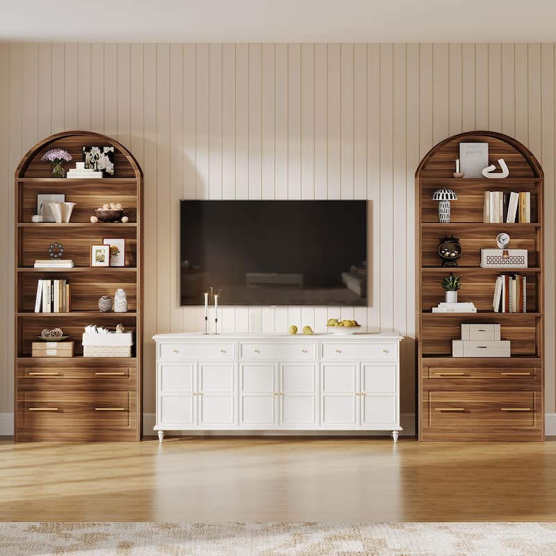 5-Tier White Arched Bookshelf with File Cabinet Drawer, 76.8" Tall Freestanding Wooden Bookcase