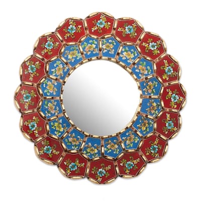 NOVICA Colorful Arrangement, Bronze gilded reverse-painted glass wall mirror